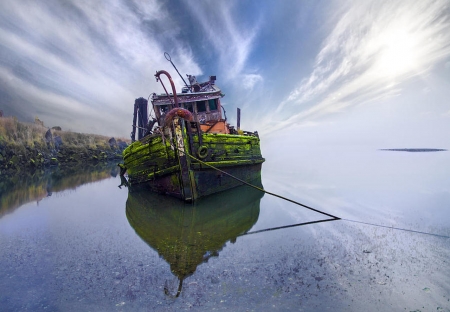 Abandoned - boat, wreck, abandoned, photograph, sky, water