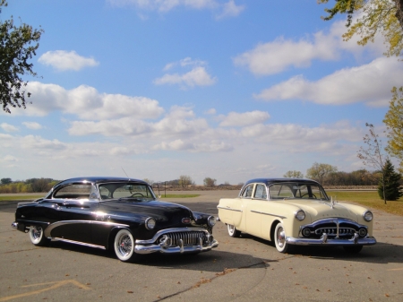 ♥♥His and Her Cars ♥♥ - Black Car, Chrome, Front End, Cream, Clouds, Cars, White, White Walls, Beauty, Classic, Black Top, Parking Lot, Trees, Sky Blue, Beauties, Road, Headlights, Blue, Vintage, Trim