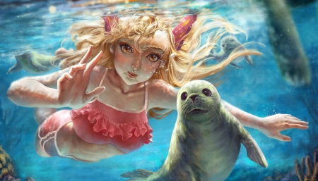 Under the Sea - girl, anime, underwater, seal