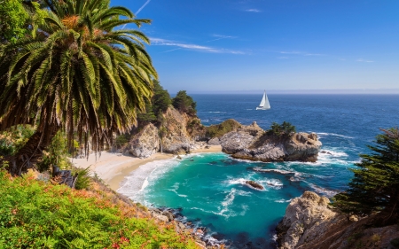 McWay falls - bay, beautiful, california, fall, mcway, ocean, palms, rocks, sailboat, sea, usa, view, waterfall