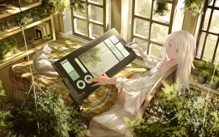 Painter - girl, painter, anime, room