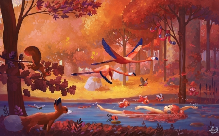 Swimmer in Forest River - river, swimmer, anime, animals, girl, forest