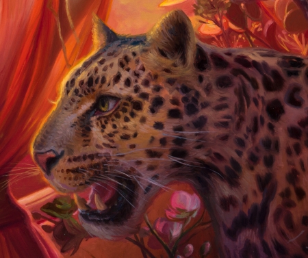 Leopard by Howard Lyon - detail, howard lyon, leopard, orange, frumusete, fantasy, animal, red, art, luminos, circe