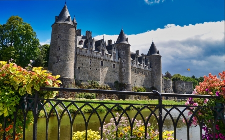 Castle - medieval, clouds, flowers, castle