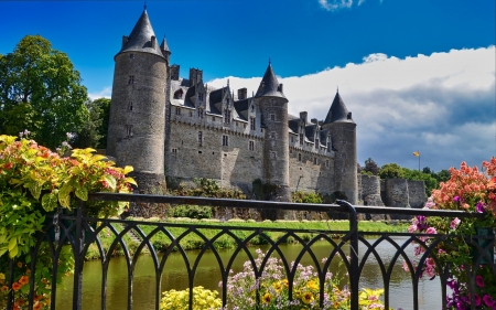 Castle - flowers, clouds, castle, medieval