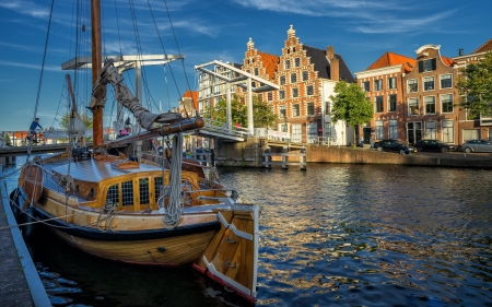 Haarlem, Netherlands - river, town, boat, Netherlands, houses, bridge, yacht