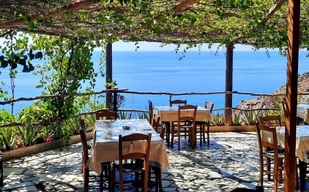 Restaurant Terrace in Greece - Greece, sea, terrace, pergola, restaurant