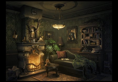 The fire place - sofa, fantasy, room, interior, fire, daria odnorogova