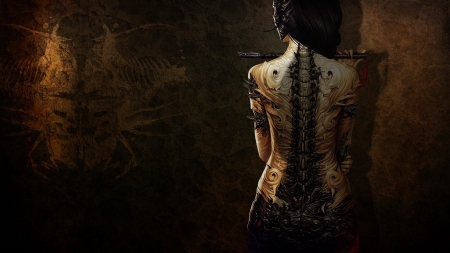 Tattoo - flute, fantasy, art, tattoo, girl, luminos, dark