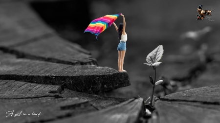 A girl on a board - cute, bw, harsha m weerakkodi, girl, mini, pink, fantasy, luminos, tiny