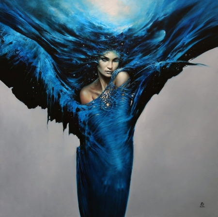 Ocean by Karol Bak - water, blue, girl, ocean, frumusete, pictura, fantasy, painting, karol bak, art, luminos