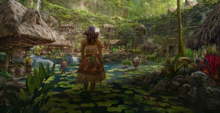 Village - water, summer, girl, eddie mendoza, fantasy, green, art, vara, luminos