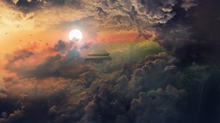 Road to heaven palace - moon, jaehyeon oark, orange, jaehyeon park, frumusete, fantasy, cloud, castle, sky, luminos, luna