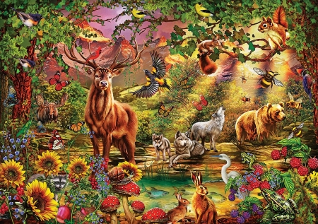 Enchanted Forest - birds, wolves, mushrooms, butterflies, digital, bear, blossoms, deer, animals, flowers, rabbit, squirrel