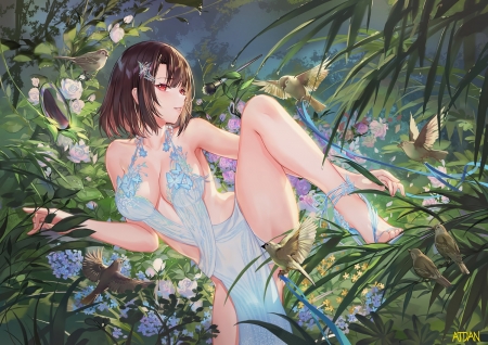 Summer - bird, manga, anime, summer, atdan, girl, flower, vara