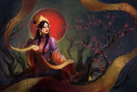 Spring goddess - umbrella, frumusete, asian, art, parasol, girl, goddess, spring, fantasy, red, luminos, chau nguy n th hoai