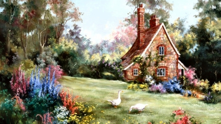 Cottage - house, duck, painting, chalet, tree, cottage