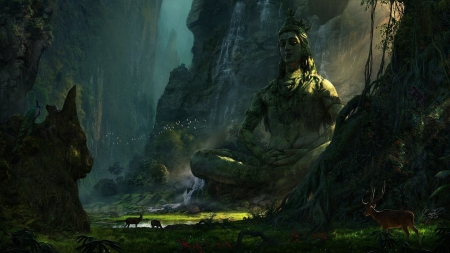 hinduism - falls, deer, india, peacock, mountains, pond