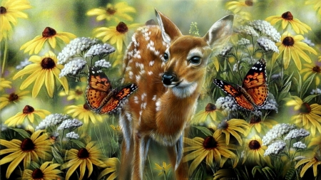 Summertime - butterfly, deer, flowers, paint
