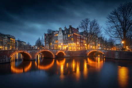 Amsterdam, Holland at Night - holland, lights, city, night, bridge