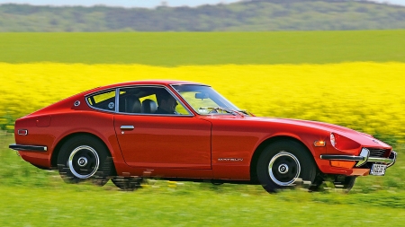 Datsun 240Z - Field, Mountains, Front End, Sweet, Red, Tires, Fast, Slick, Datsun, 2 Door