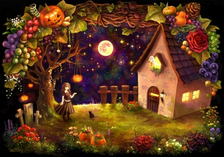 ♥ - Purple, Black, Flowers, Ornge, House, Rose, Grape Vines, Grapes, Colorful, Moon, Yellow, Delightful, Star, Tree, Pretty, Halloween, Cemetery, Girl, Windows