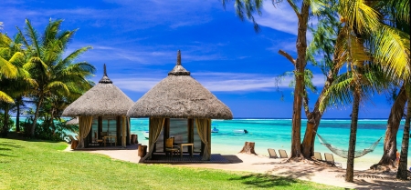 Exotic Mauritius - palms, summer, vacation, beach, sea, ocean, rest, Mauritius, bungalow, exotic, paradise, sky