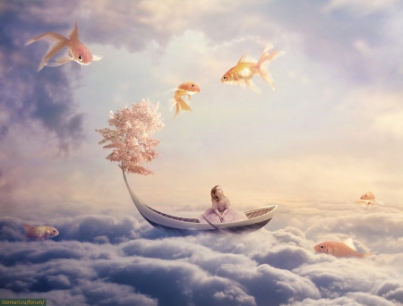 :) - summer, boat, girl, creative, fantasy, cloud, ppesti, pesti, fish, vara, sky, luminos