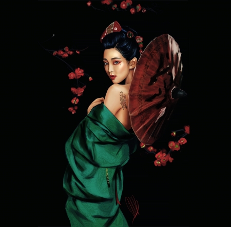 Girl with parasol - frumusete, asian, parasol, girl, fantasy, green, red, marina belov, luminos