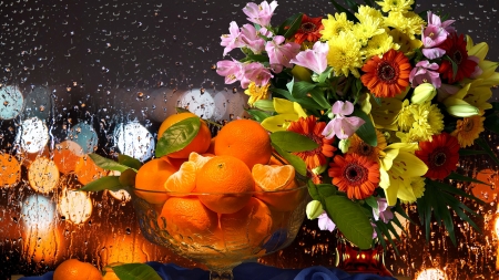 Still life - bouquet, flowers, oranges, rain