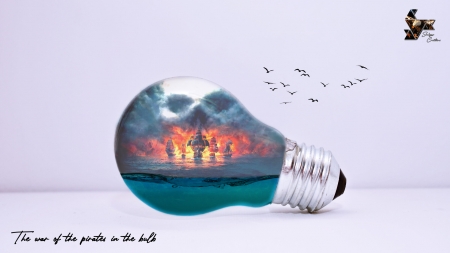 The war of the pirates in a bulb - sea, ship, skull, harsha m weerakkodi, summer, creative, fantasy, water, bulb, vara
