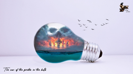 The war of the pirates in a bulb - water, summer, ship, sea, creative, harsha m weerakkodi, skull, bulb, fantasy, vara