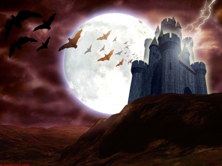 SAVE THE DATE!!!! - bats, castle, clouds, dark, desolate, eerie, haunted castle, kens home, landscape, lightning, moon, night, powerful magic, red, sky, spooky