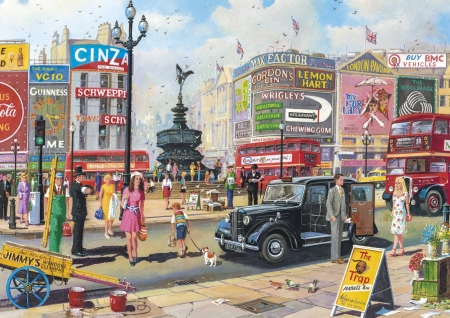 Piccadilly Circus - pigeons, policeman, taxi, eros, london, buses, people, adverts