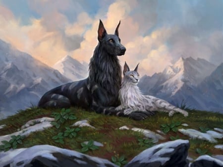 Rin and Seri - fantasy, pisici, dog, caine, art, cat, leesha hannigan