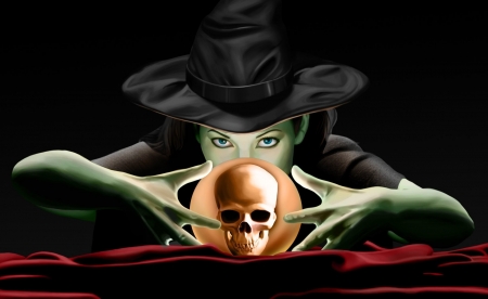 I Put A Spell On You (And Now You're Mine) - Woman, Spell, Skull, Casting a Spell, Witch, Blue Eyes, Red Cloth, Crystal Ball, Green