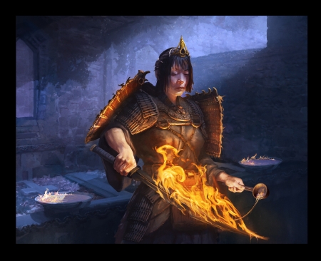 Anointing the blade - blue, sword, fantasy, art, girl, luminos, cornelius cockroft, fire