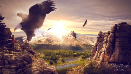 calling of the eagle - eagles, lake, man, mountains, snow, woods