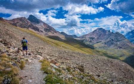 Swiss Alps - clouds, path, Alps, Switzerland, mountains