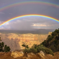 A magnificent double rainbow over the South Rim of the Grand Canyon