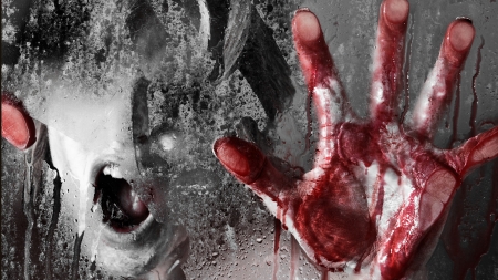 Screamer - scary, scream, window, Halloween, hands, bloody, fright