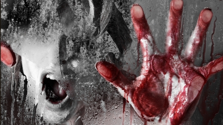 Screamer - bloody, scream, hands, window, Halloween, fright, scary