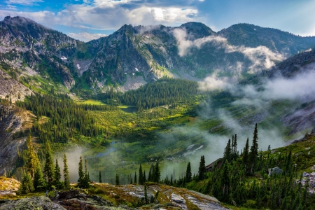 Selway Crags, Idaho - mist, trees, sky, forest, mountain