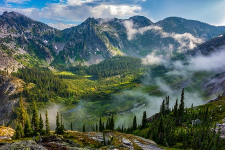 Selway Crags, Idaho - trees, mist, forest, mountain, sky