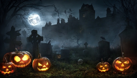 Halloween Night - pumpkins, scary, moon, castle, graveyard