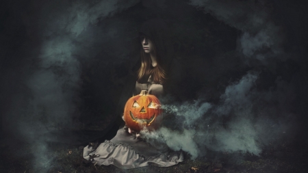 halloween - girl, mist, pumpkin, woman