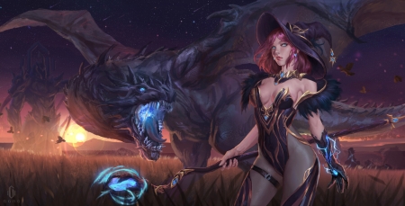 Witch and dragon - golem, g olem, fantasy, dragon, girl, witch