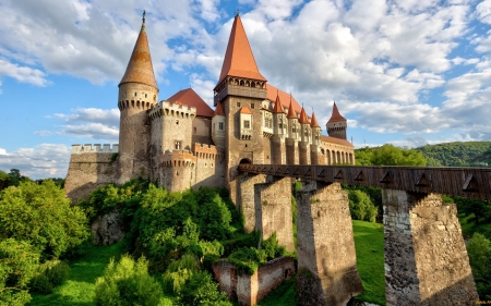 Corvin Castle, Romania - Romania, clouds, castle, bridge