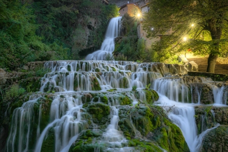 Beautiful Waterfall - moss, nature, waterfall, lights