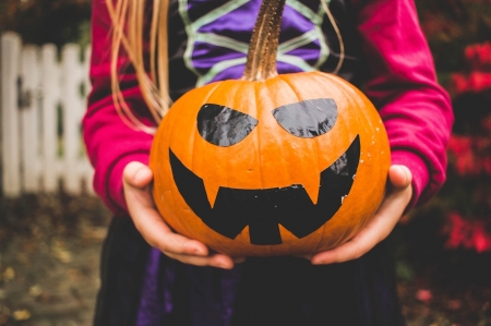 Happy Halloween! - hand, halloween, orange, card, pumpkin, pink